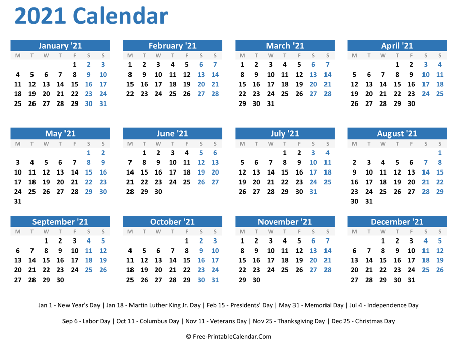 Printable Calendar 2021 Year At A Glance
