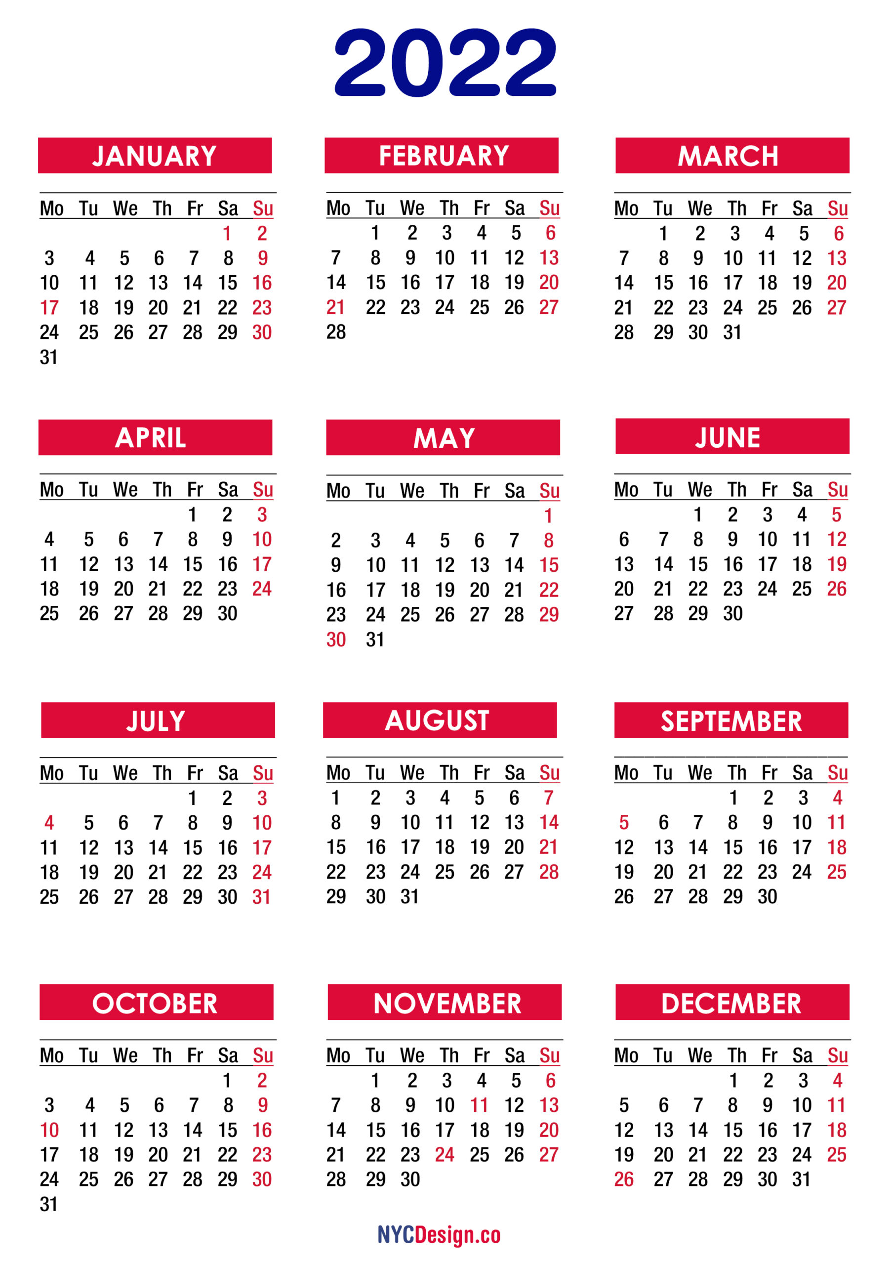 2022 Calendar With Federal Holidays Printable