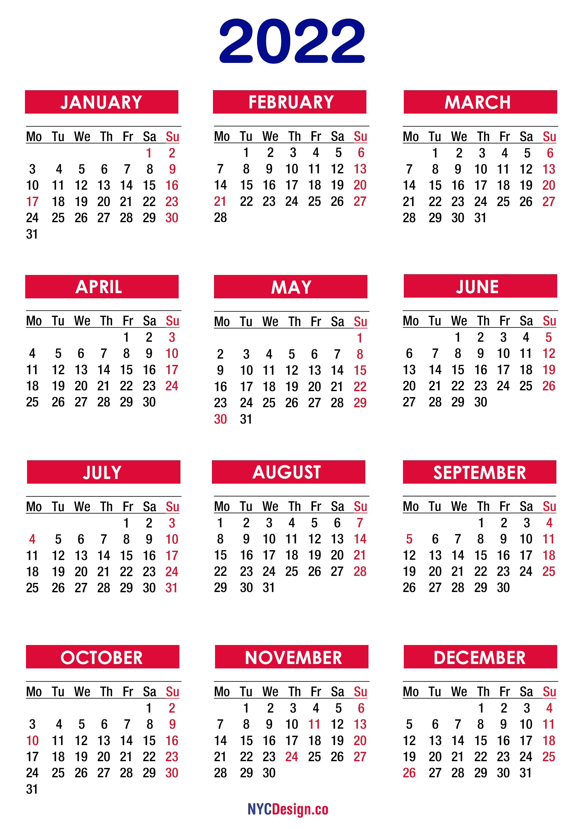 2022 Calendar with Holidays, Printable Free, PDF, Colorful ...