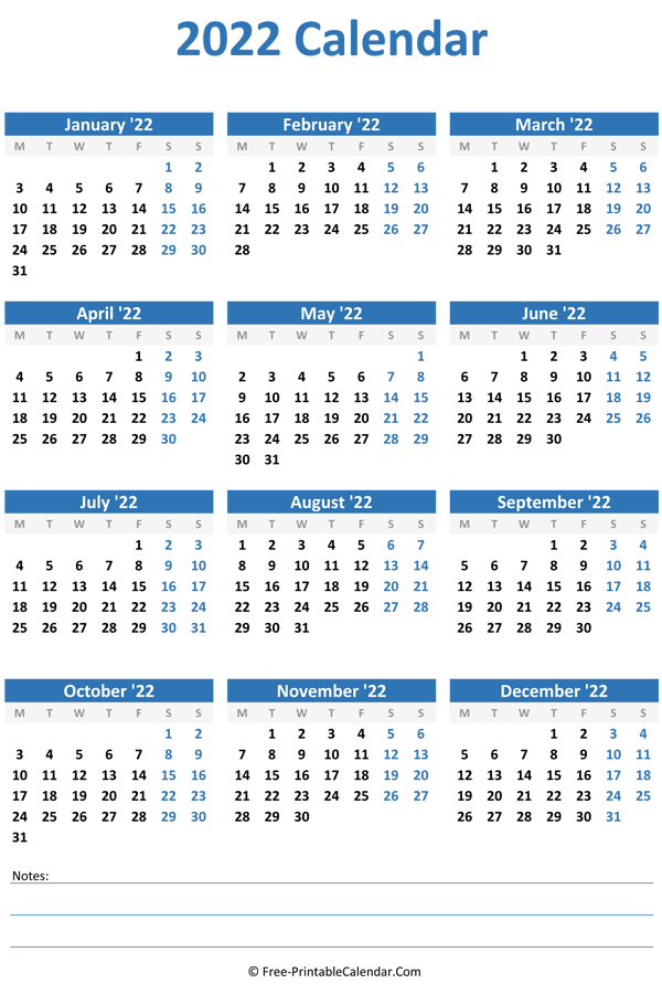 Free Printable 2022 Calendar Template