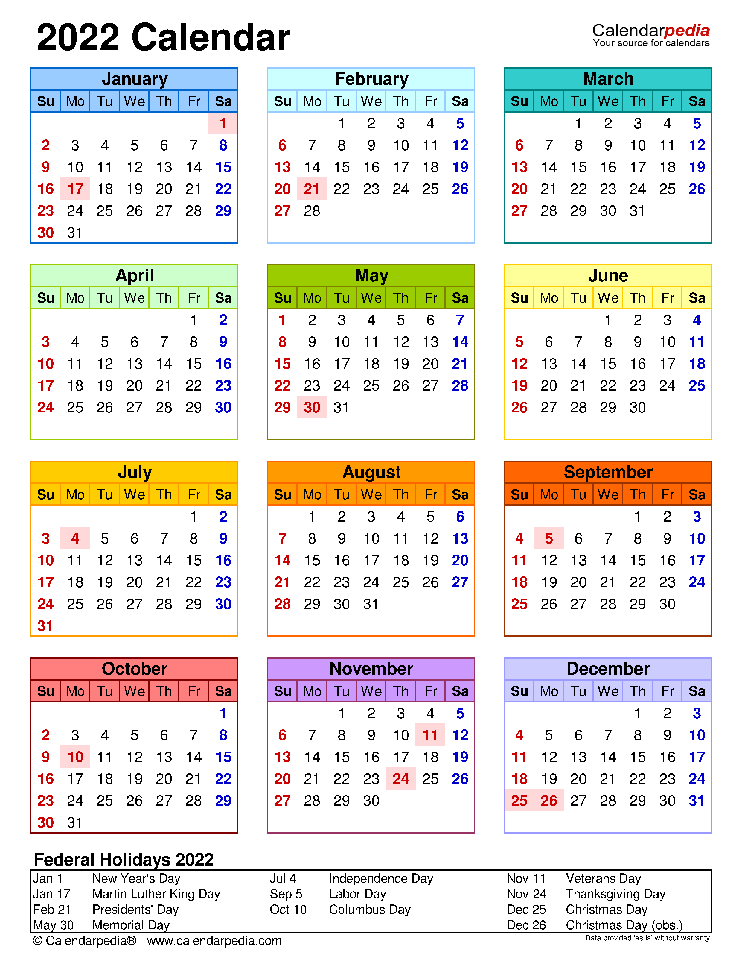 Year To View Calendar 2022 Printable
