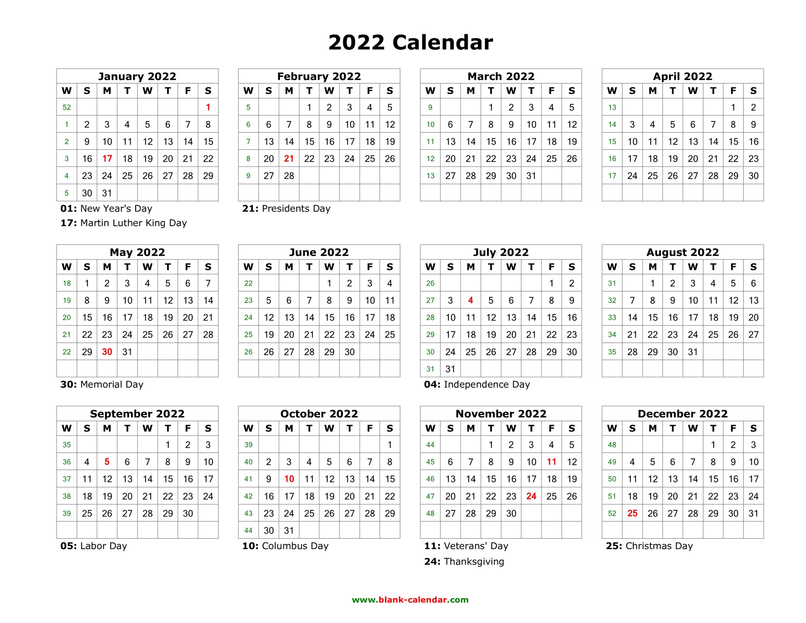 2022 Printable Calendar Monthly