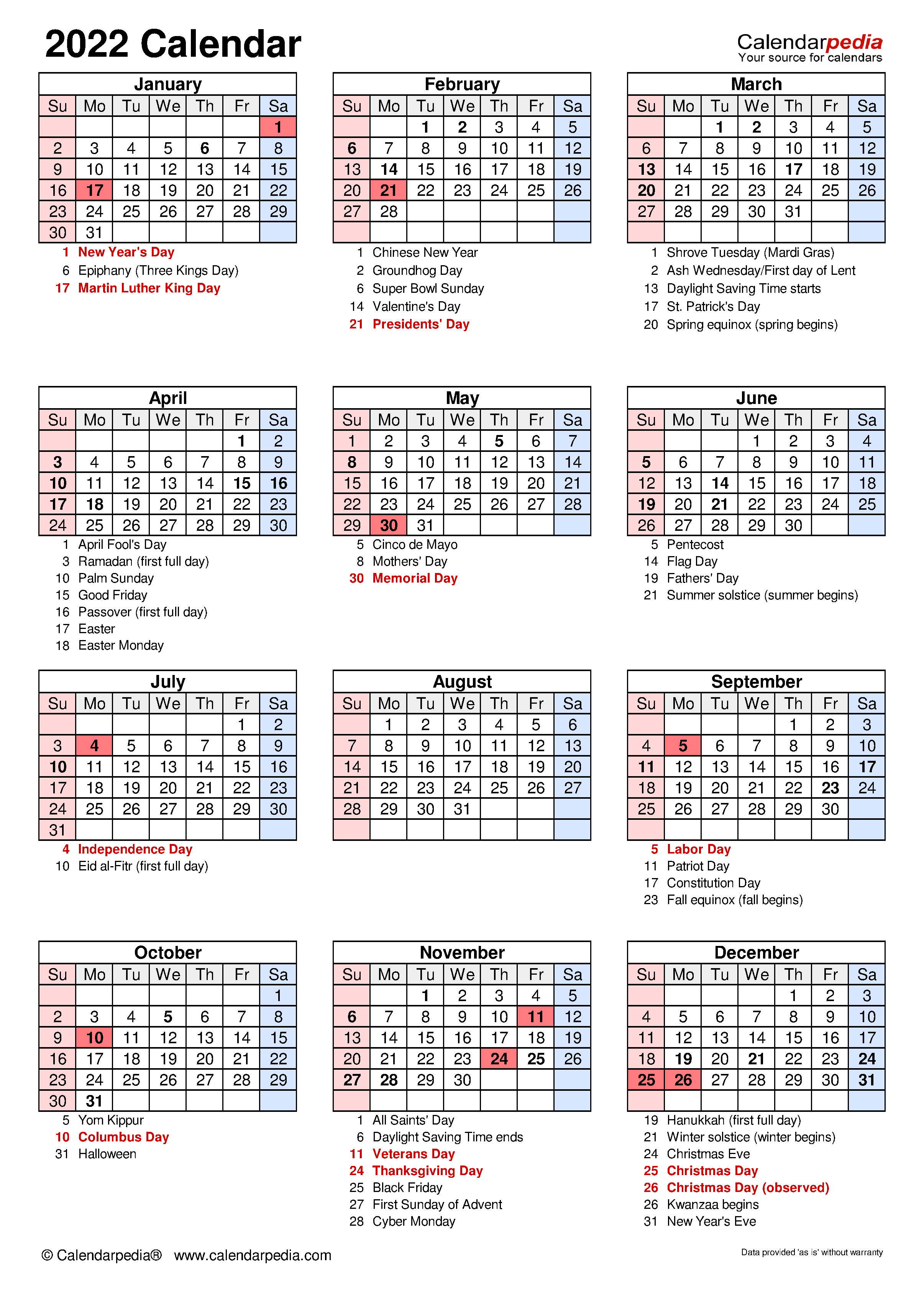 Free 2022 Calendars Printable
