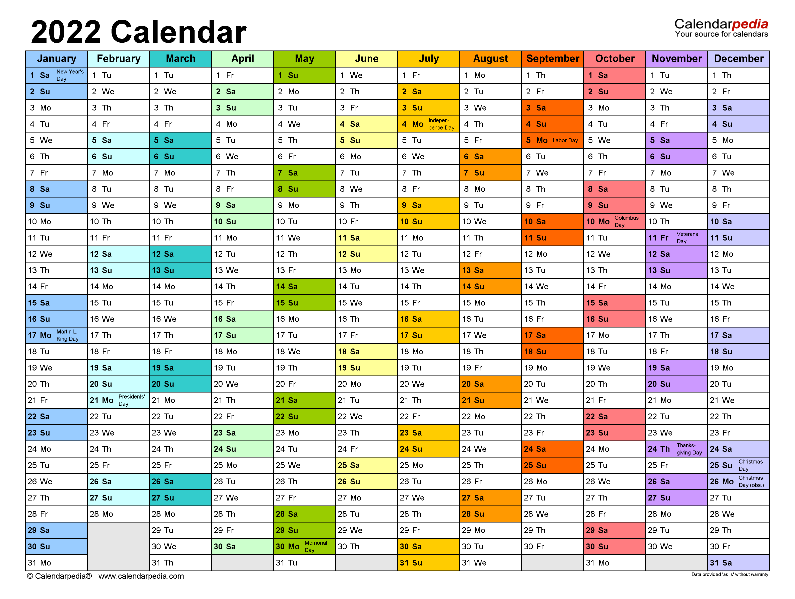 2022 Calendar Printable Excel