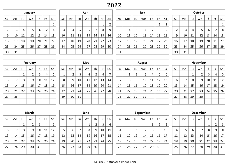 2022 Free Printable Yearly Calendar