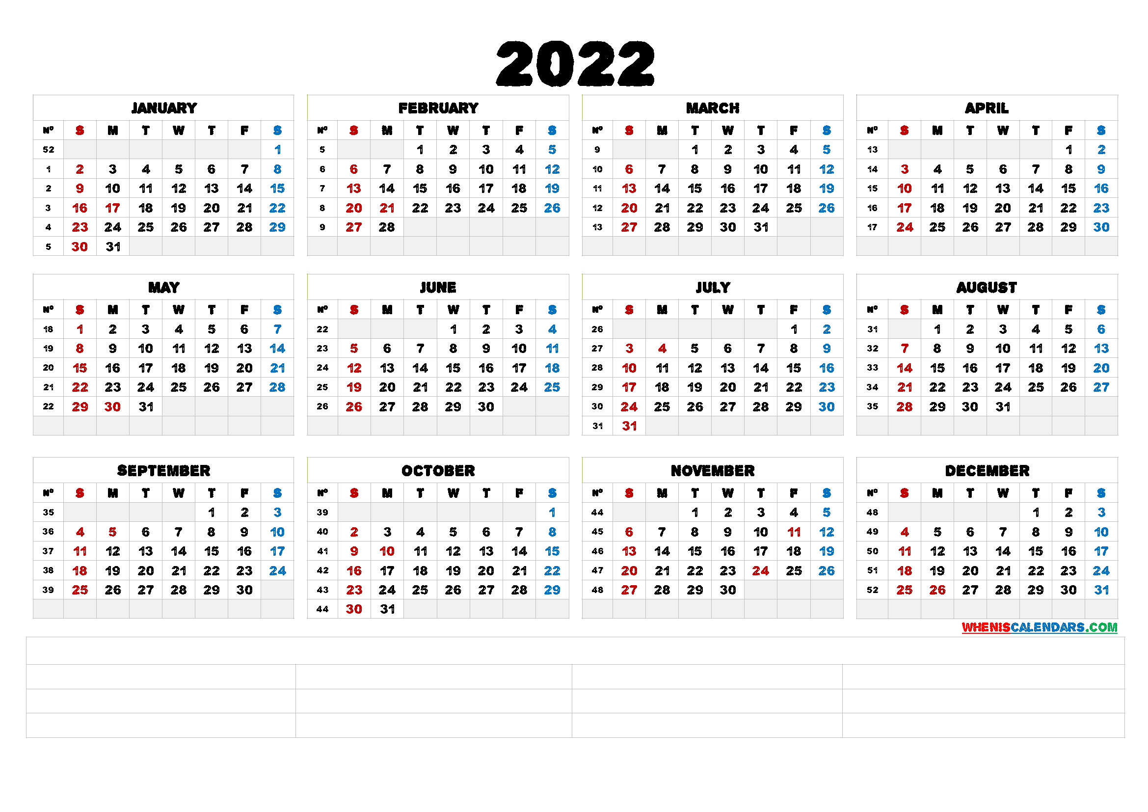 Printable 2022 Calendar Yearly