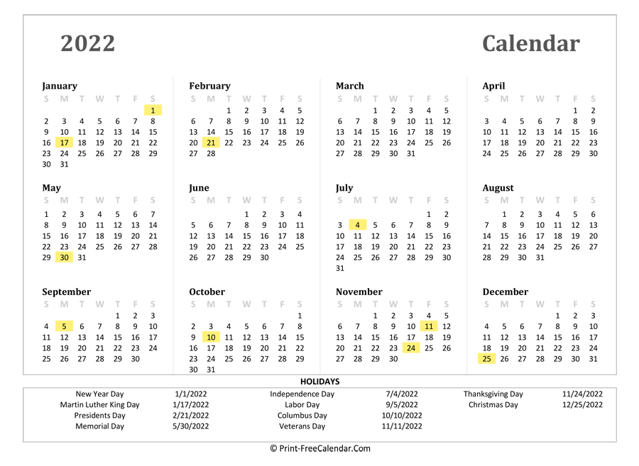 2022 Free Printable Calendar With Holidays