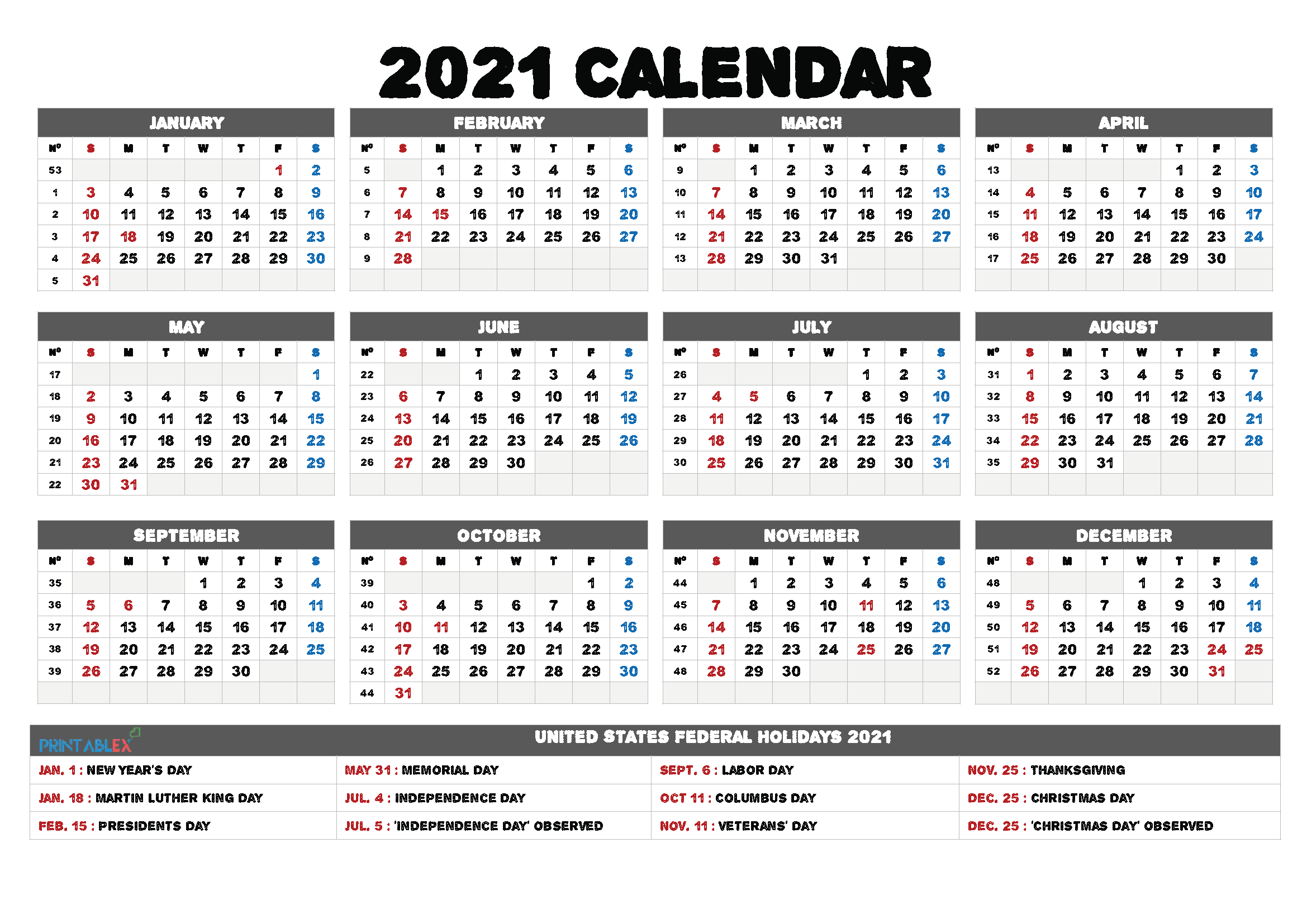 Printable 1 Year Calendar 2021