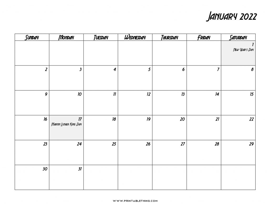 2022 Calendar January Printable