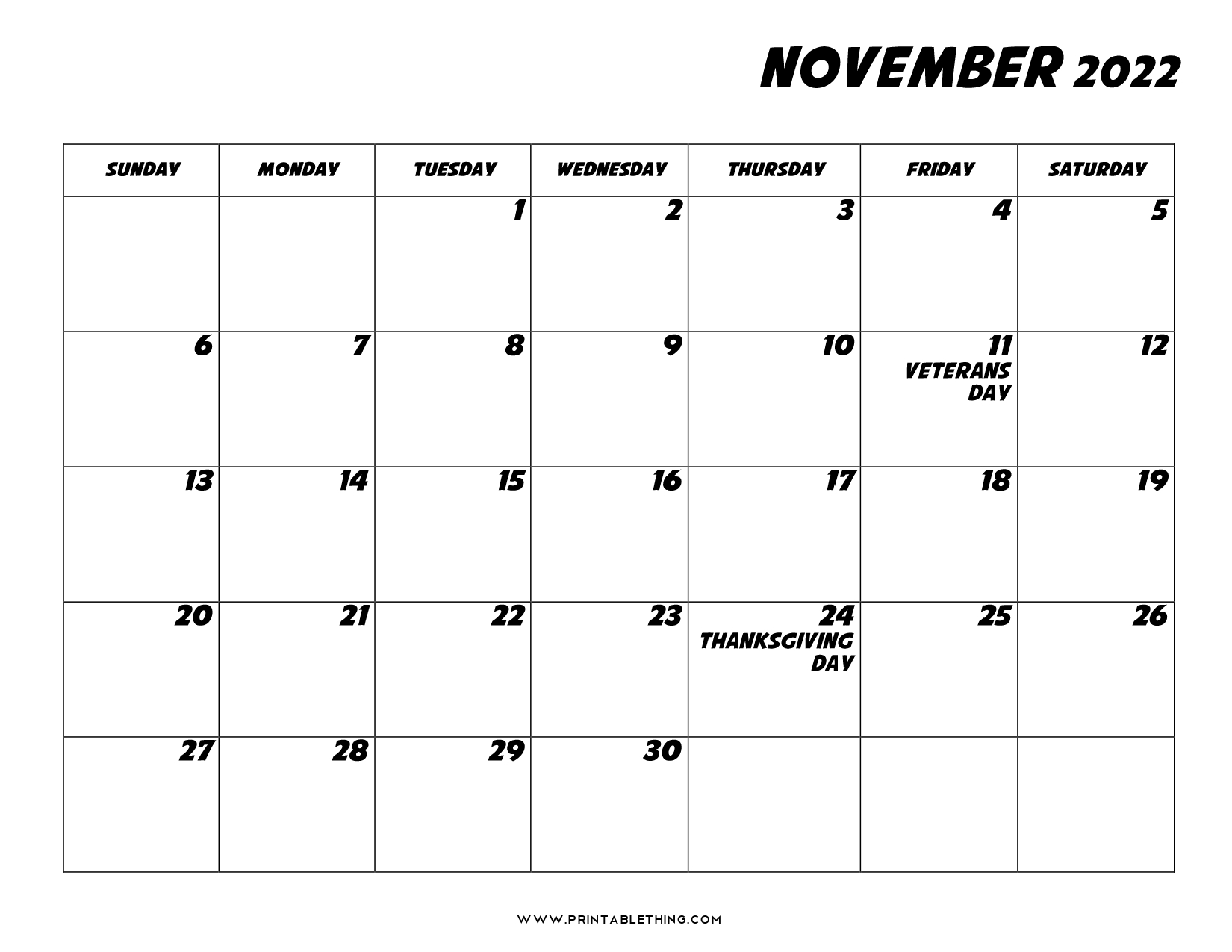November 2022 Calendar Printable