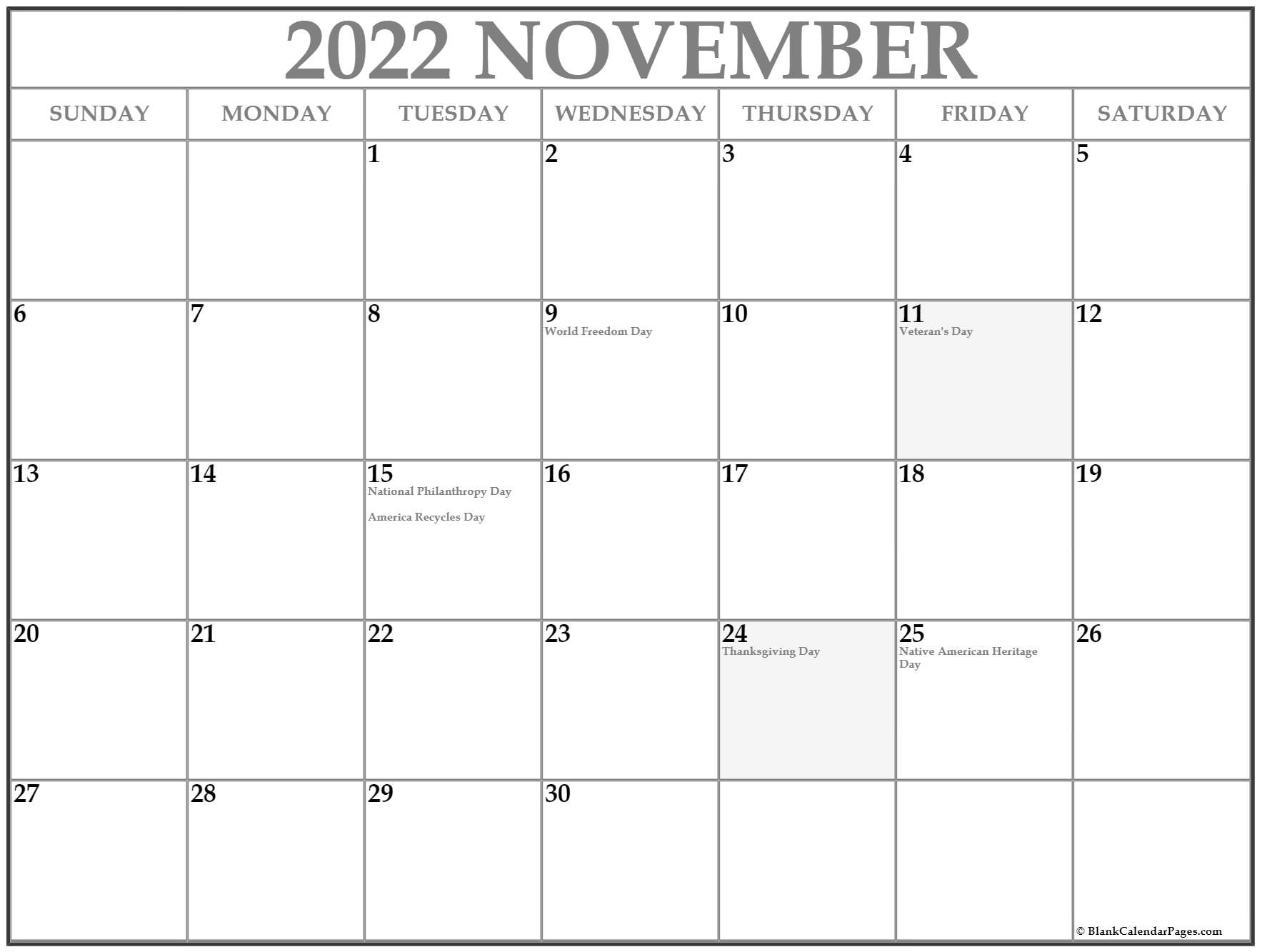 November 2022 Calendar Printable With Holidays