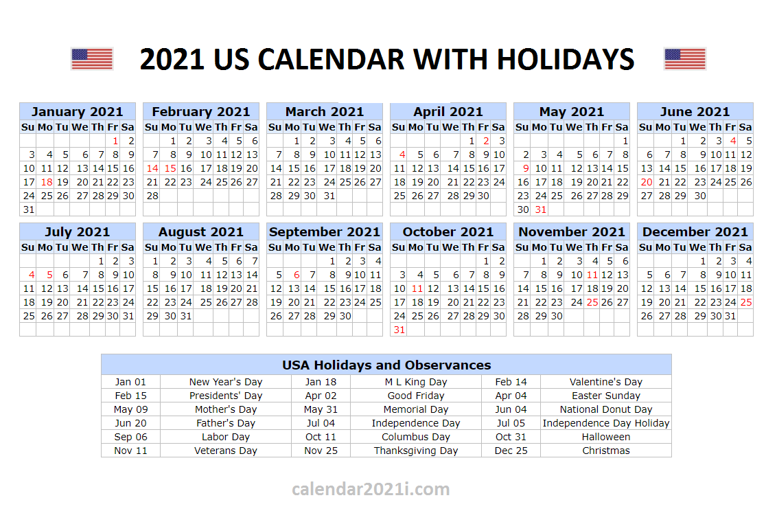 Printable Calendar 2021 United States