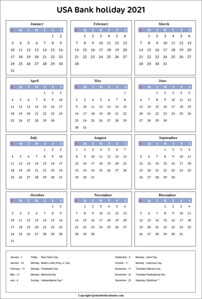 2021 Printable Calendar With Holidays