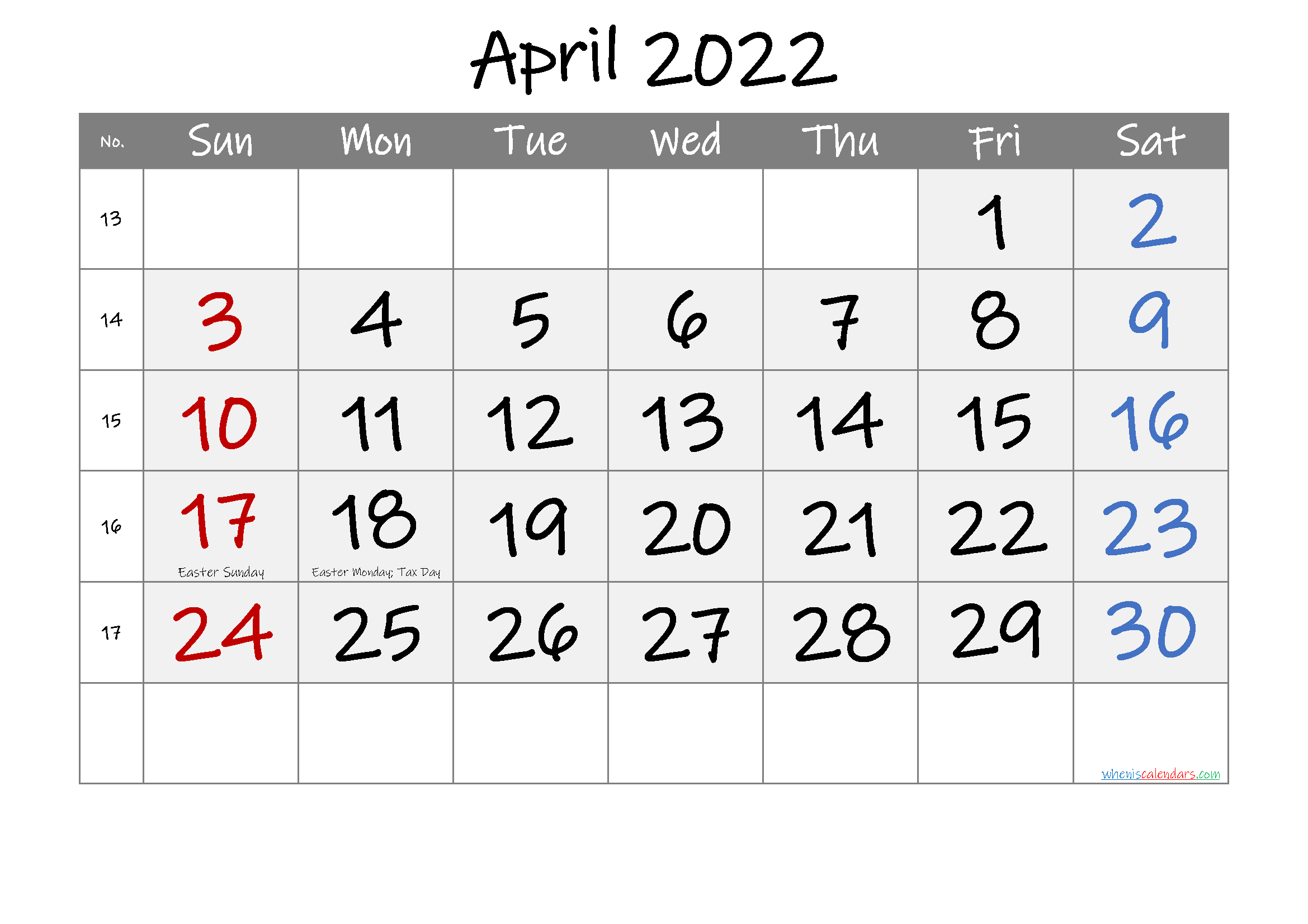 April 2022 Calendar Printable