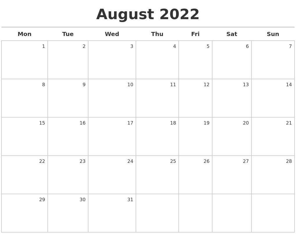 Printable August 2022 Calendar