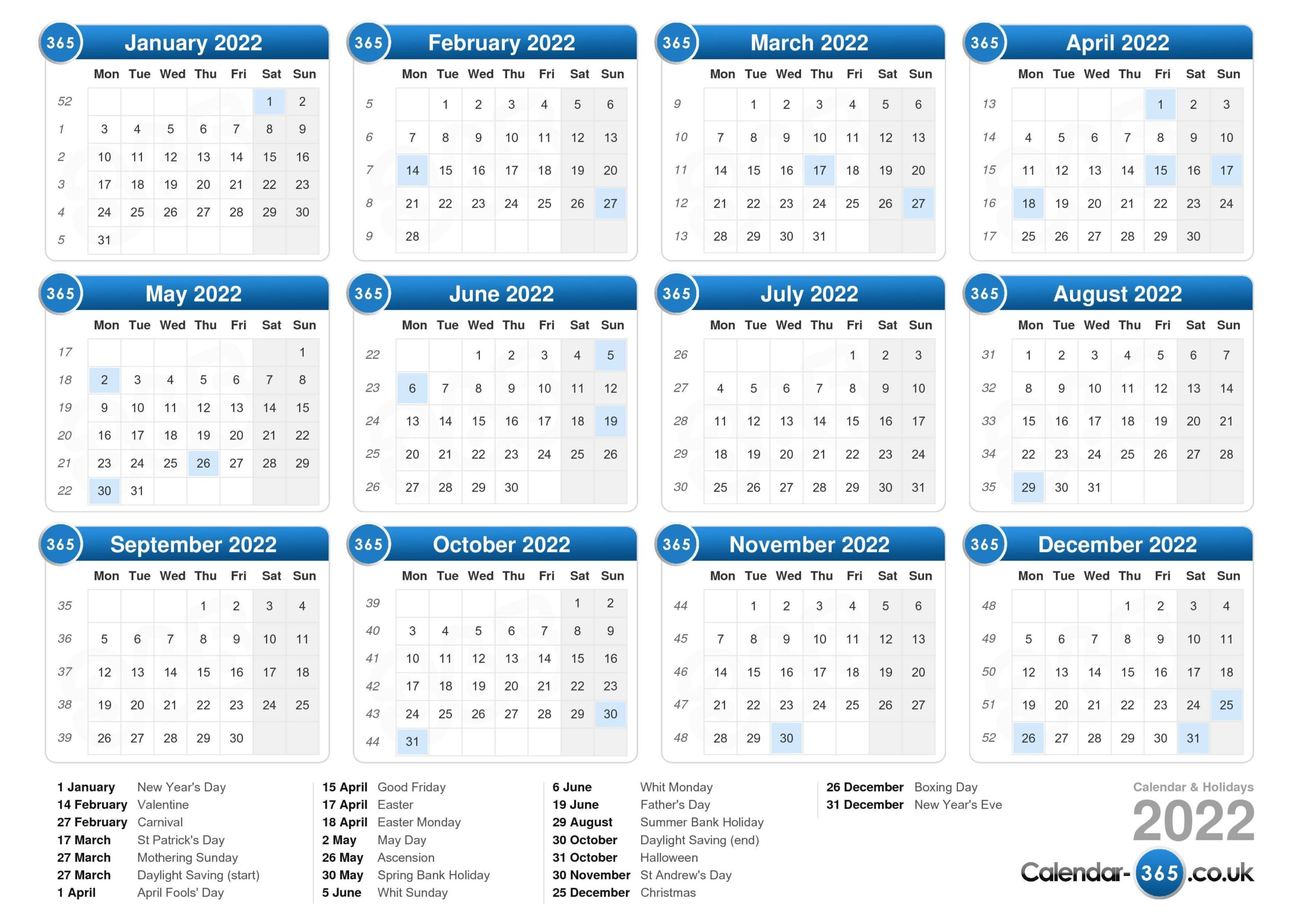 2022 Printable Calendar Uk