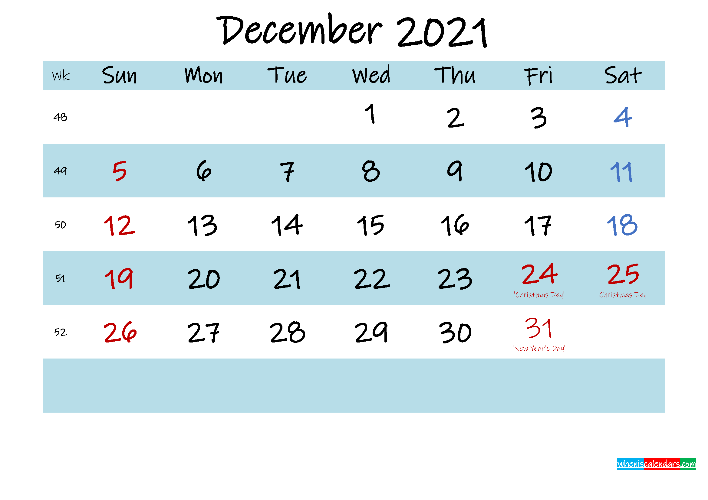 December 2021 Calendar With Holidays Printable