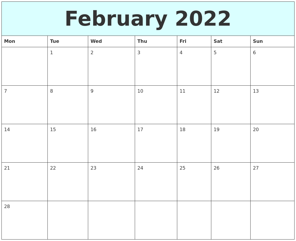 Feb 2022 Calendar Printable Free