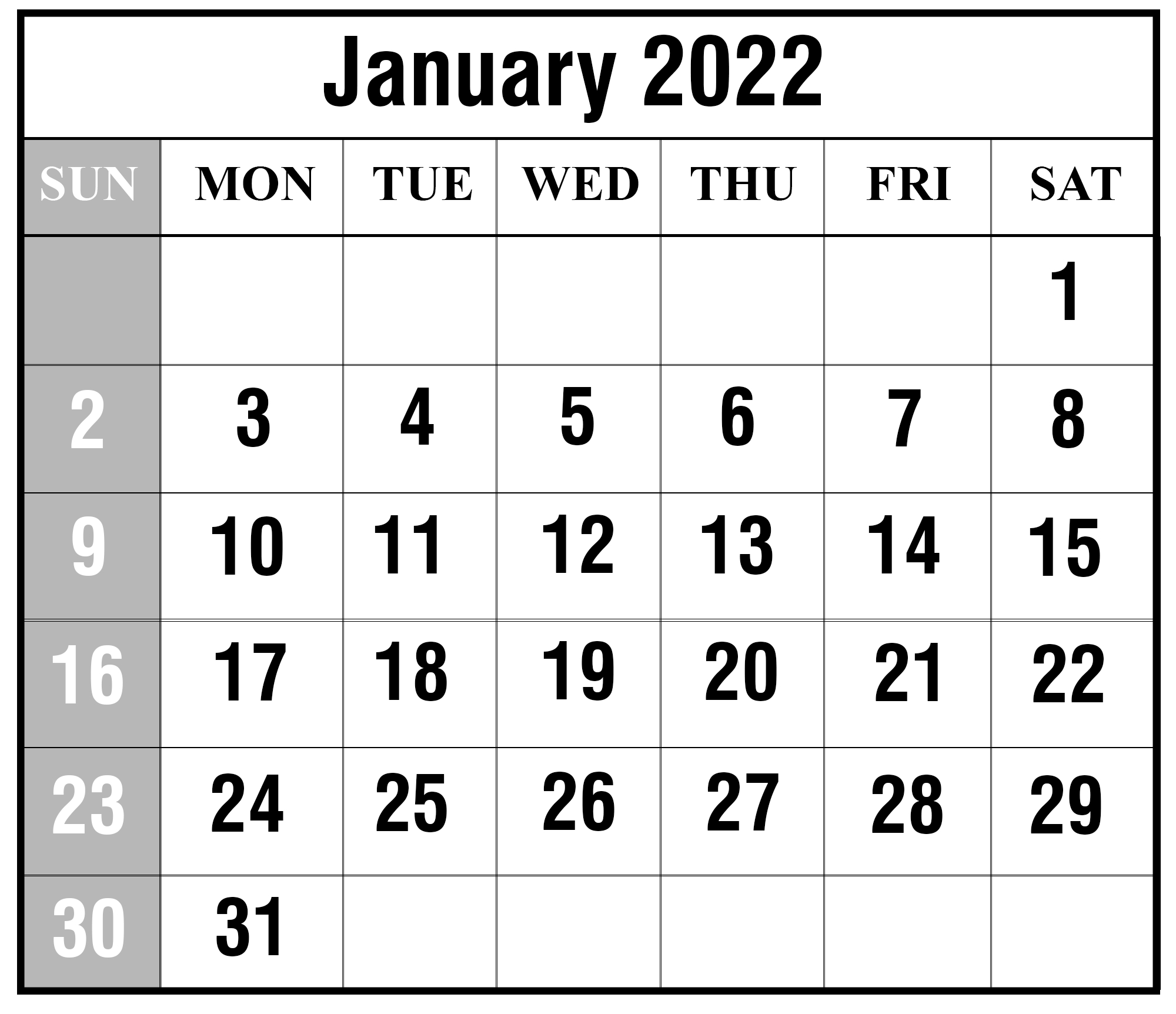 January Calendar Printable 2022