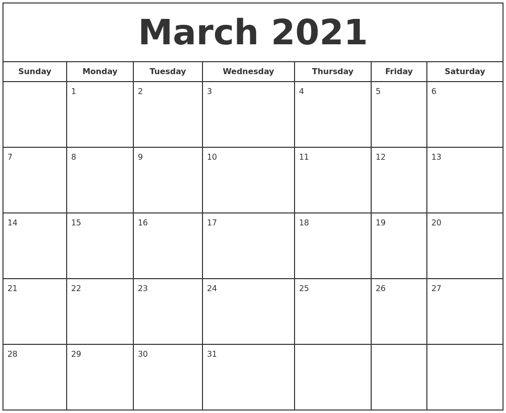 Free Printable March 2021 Calendar Template