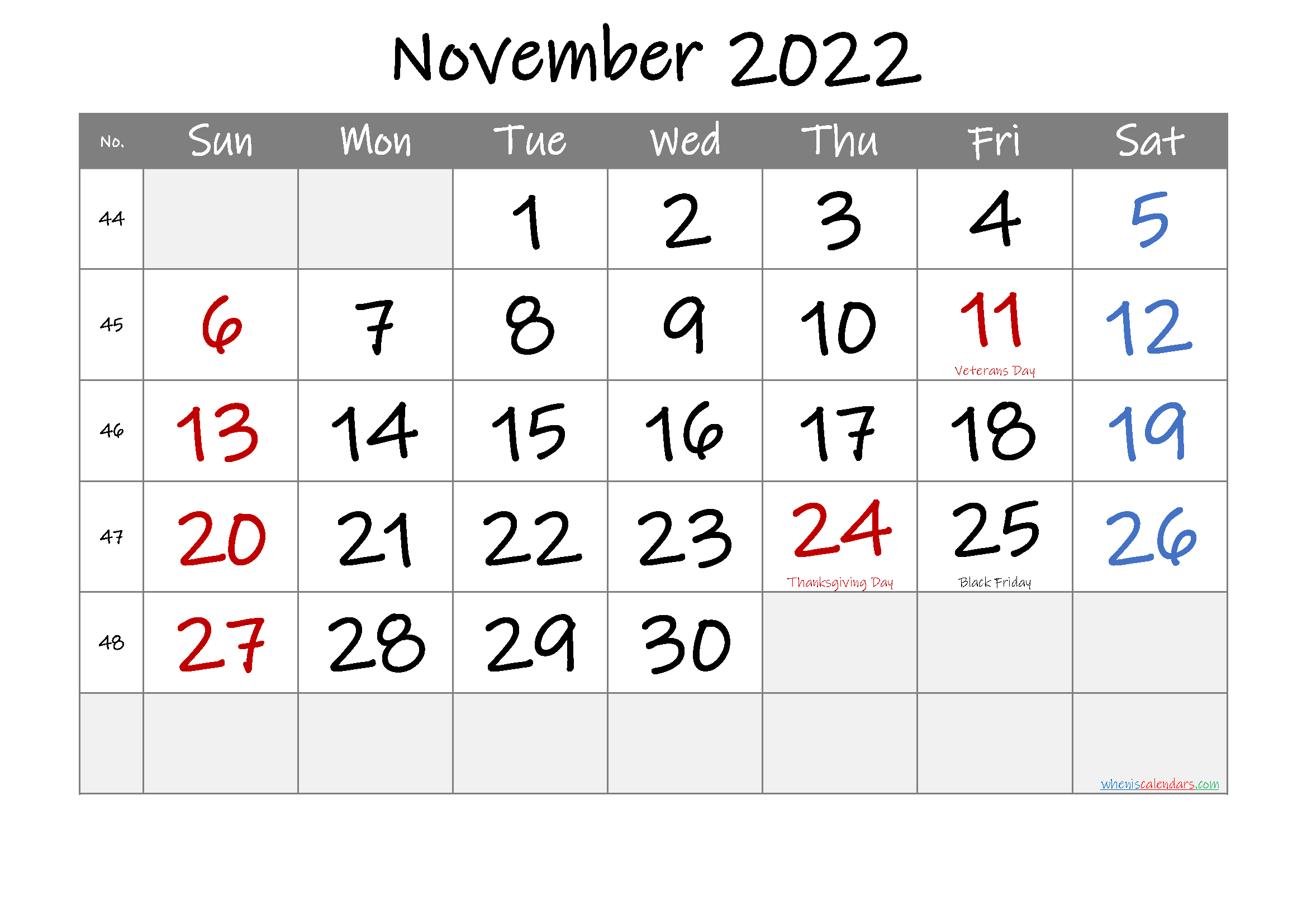 November Printable Calendar 2022