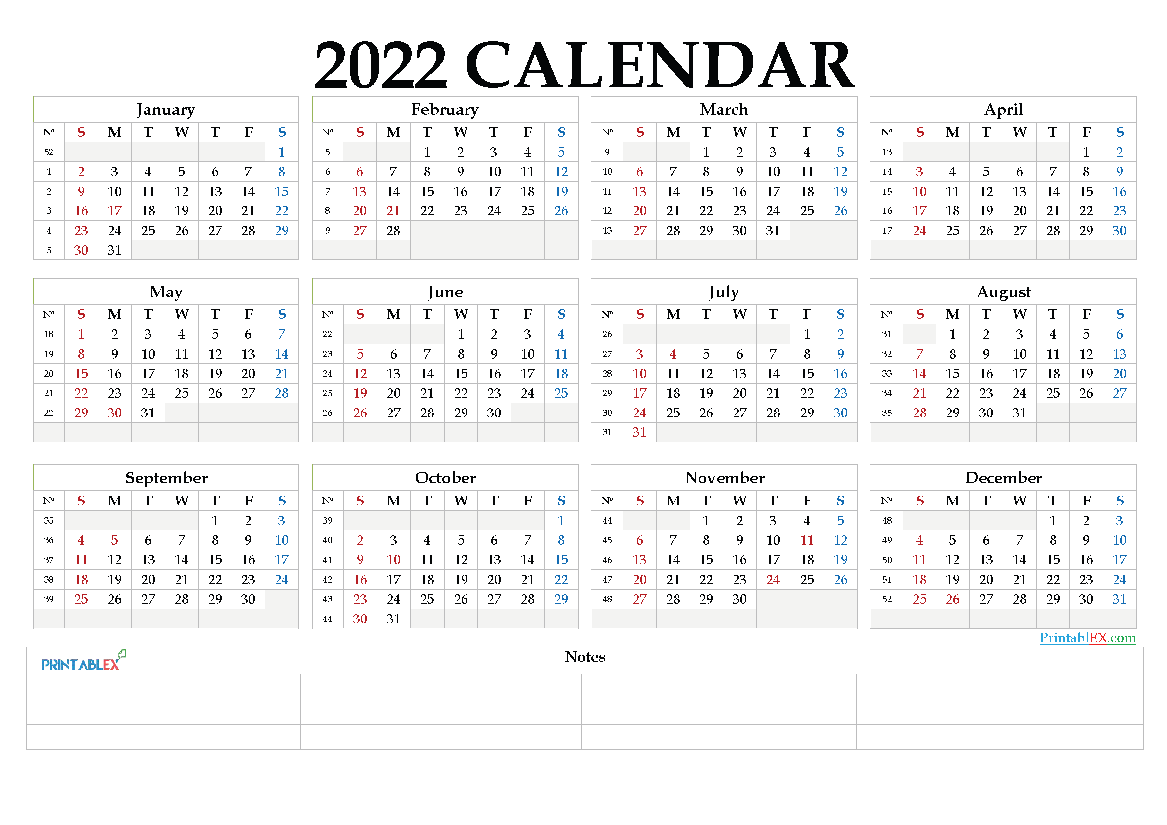 2022 Full Year Calendar Printable