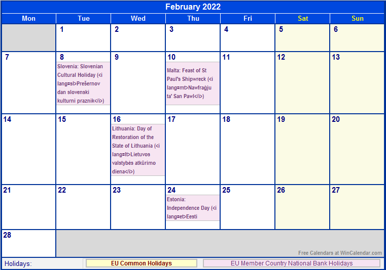 Printable Feb Calendar 2022