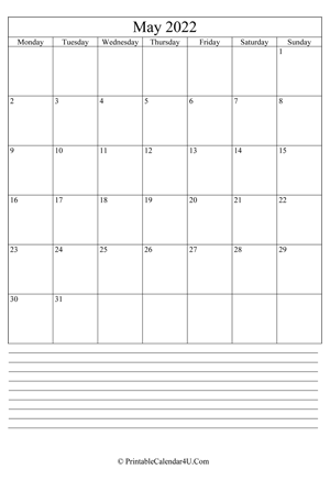 Blank May 2022 Calendar Printable