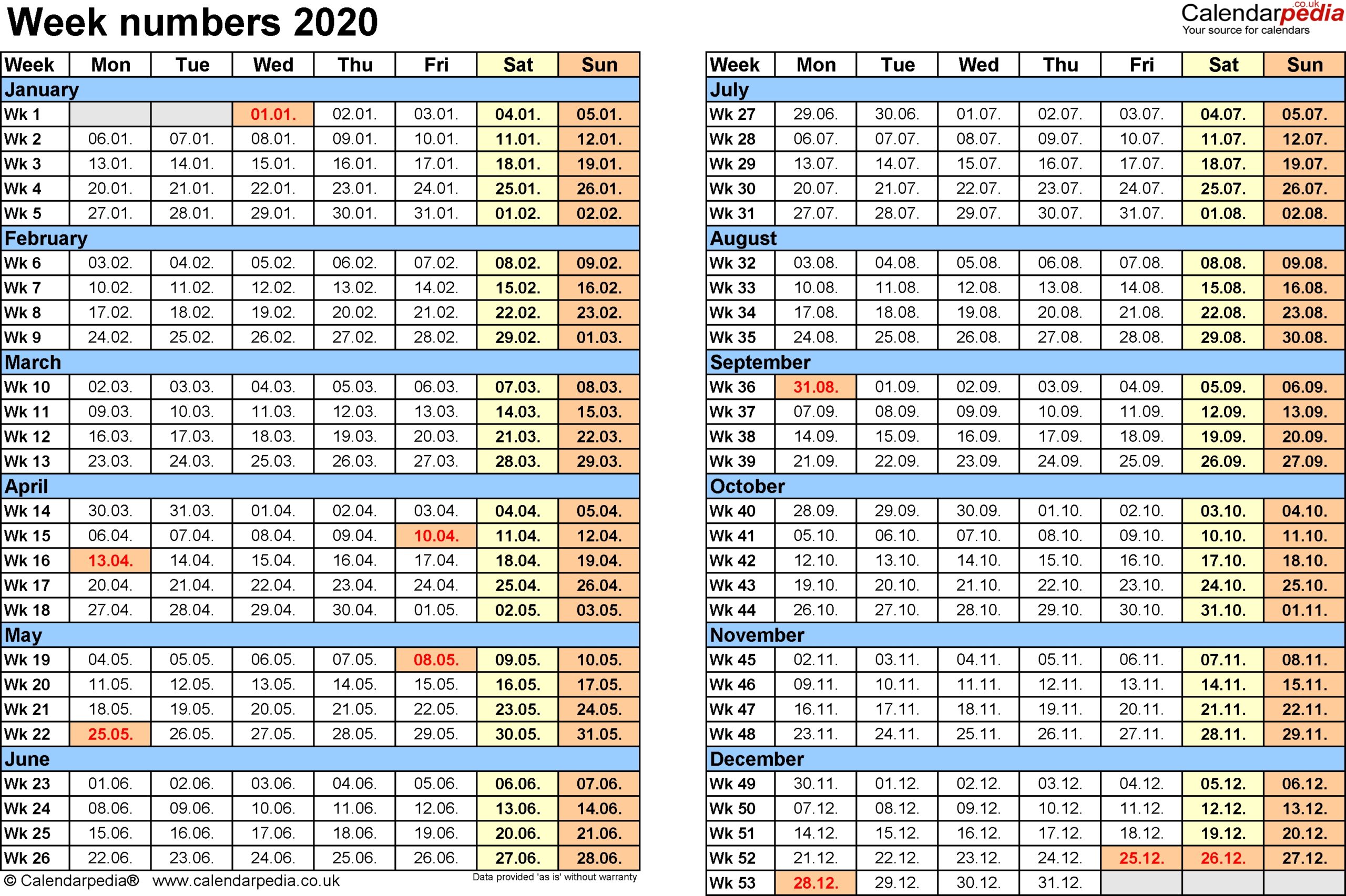 2020 Calendar With Week Numbers Printable