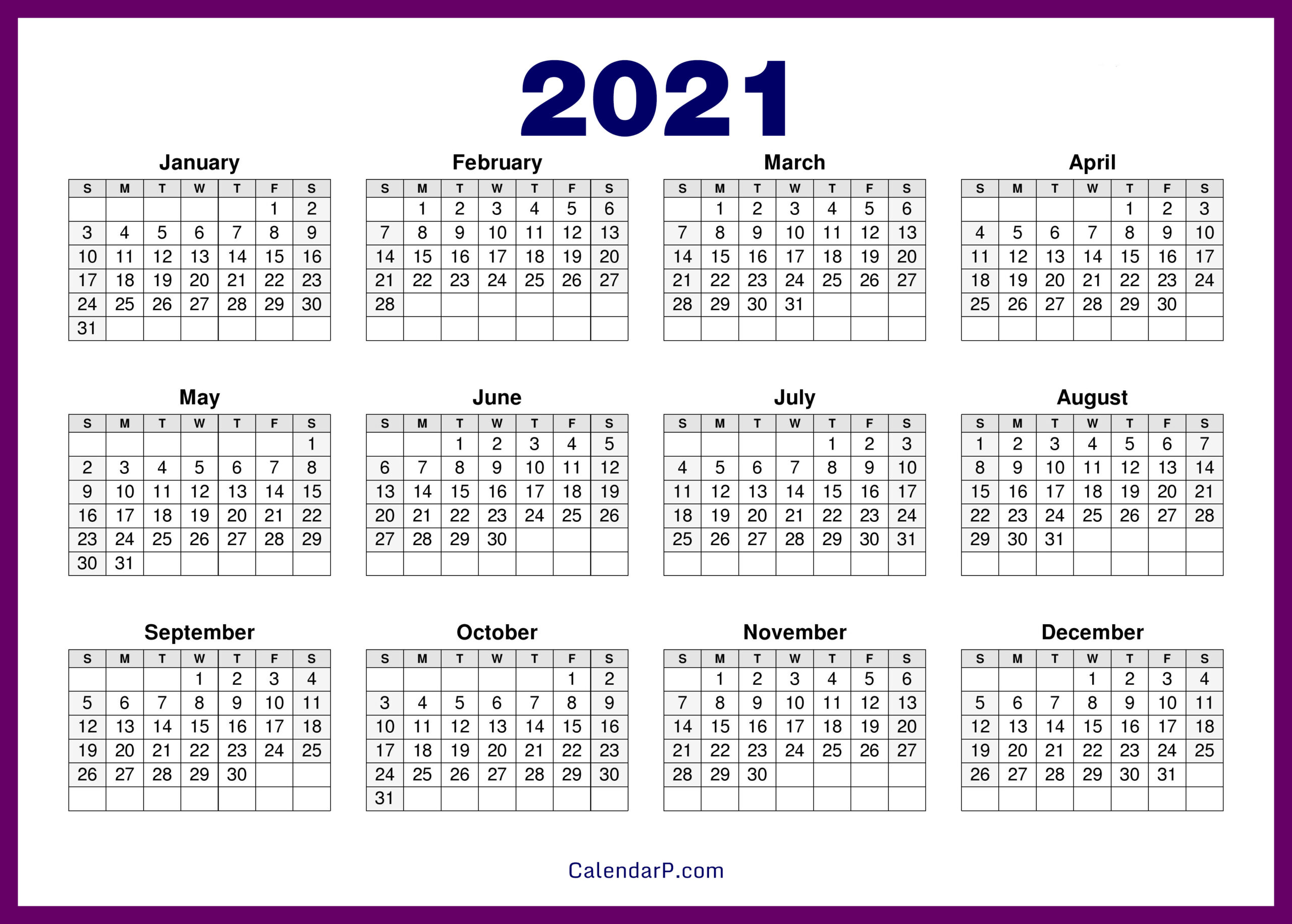 Quarterly Calendar 2021 Printable