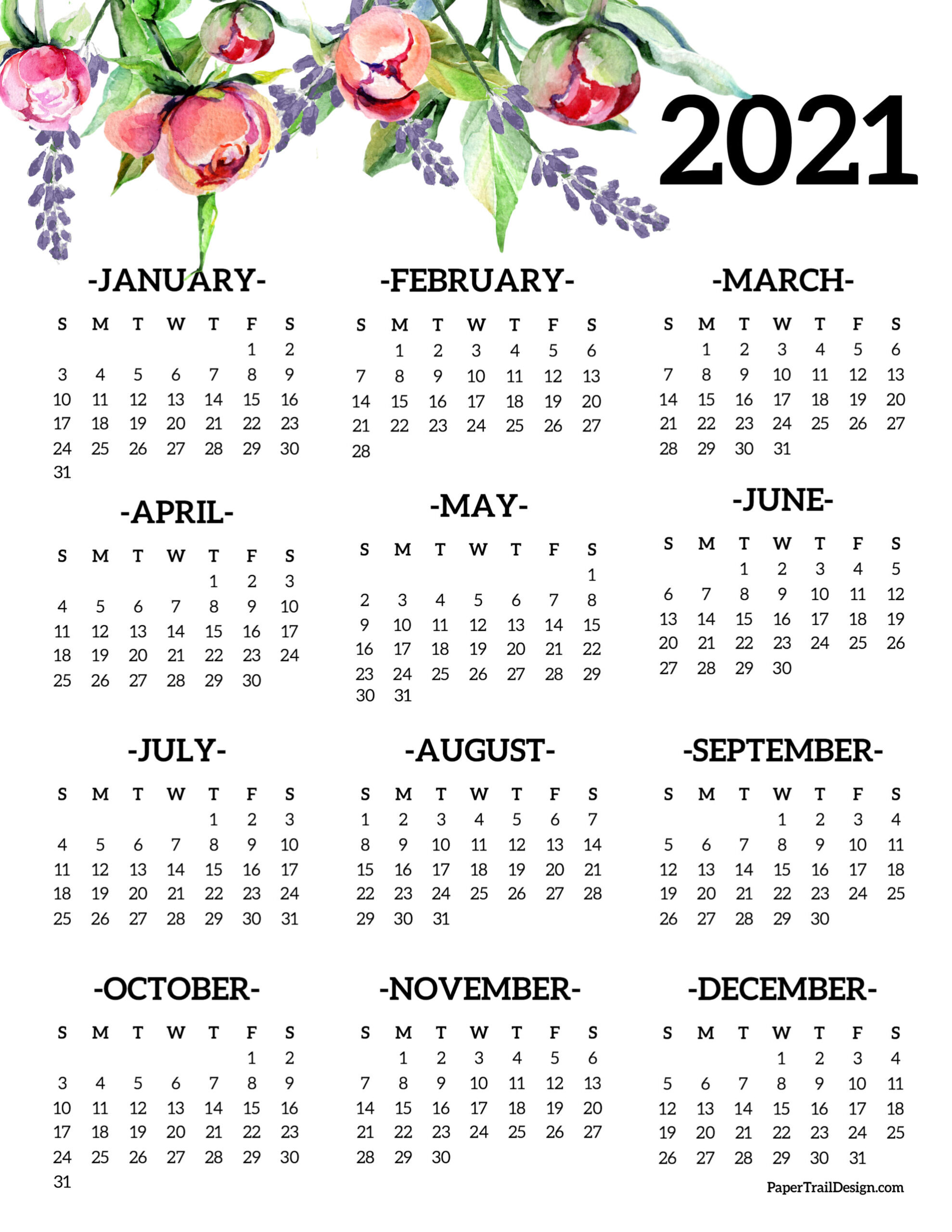 Free Printable Calendar 2021 Floral