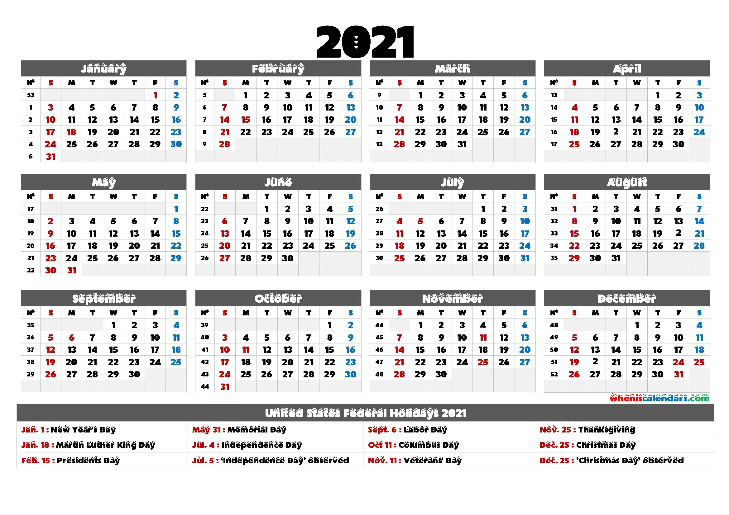 2021 Yearly Calendar With Holidays