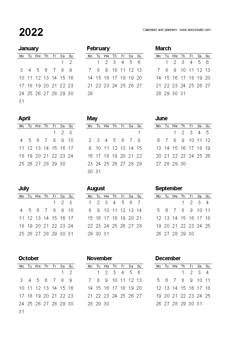 Printable Calendars Free 2022