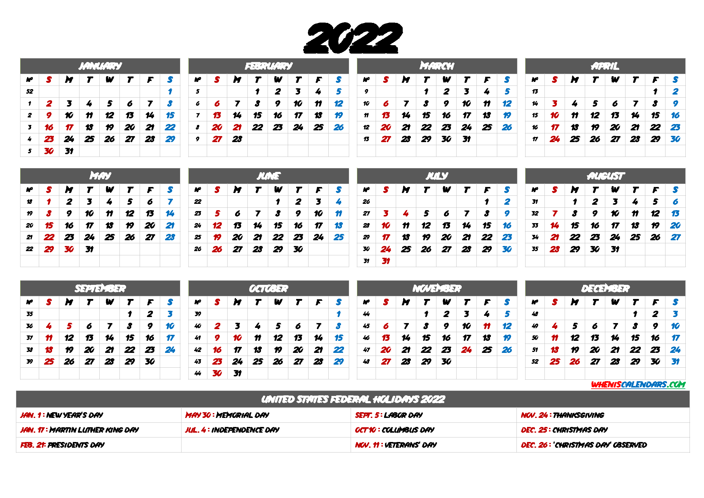 Free Printable Calendar 2022 Monthly