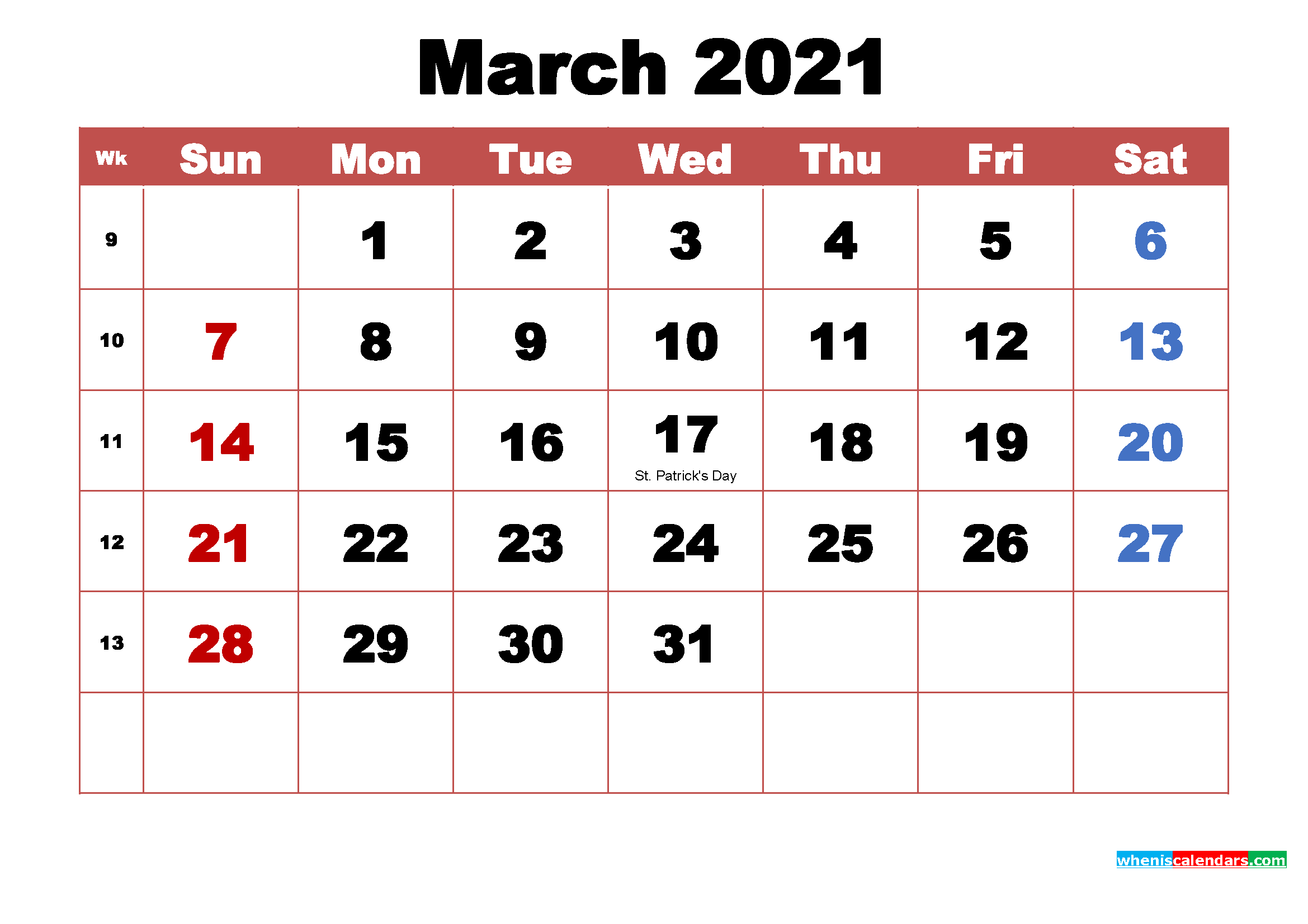 Printable March 2021 Calendar With Holidays