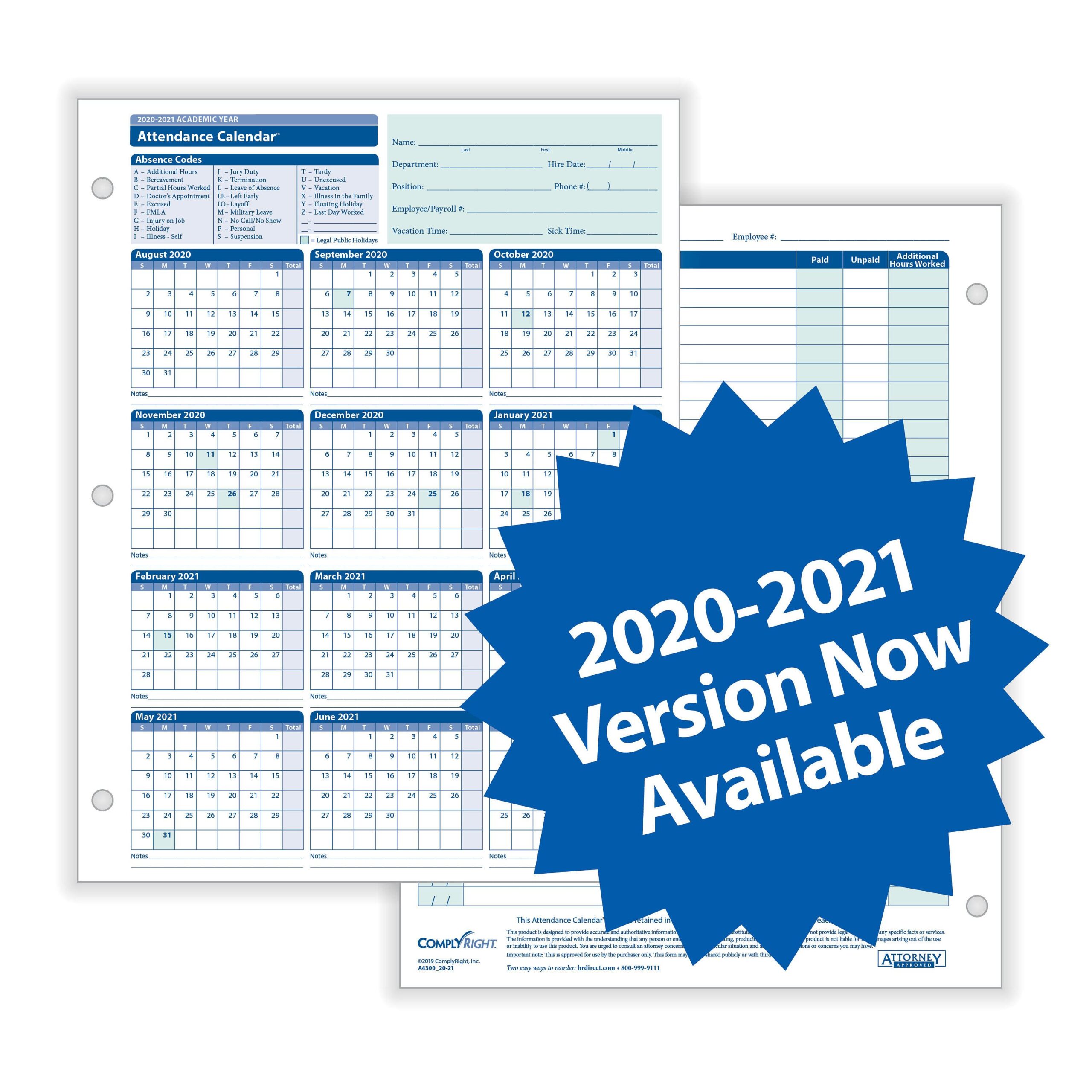 2021 Attendance Calendar Printable Free