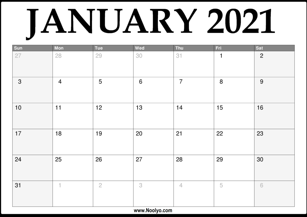 January Calendar Printable 2021