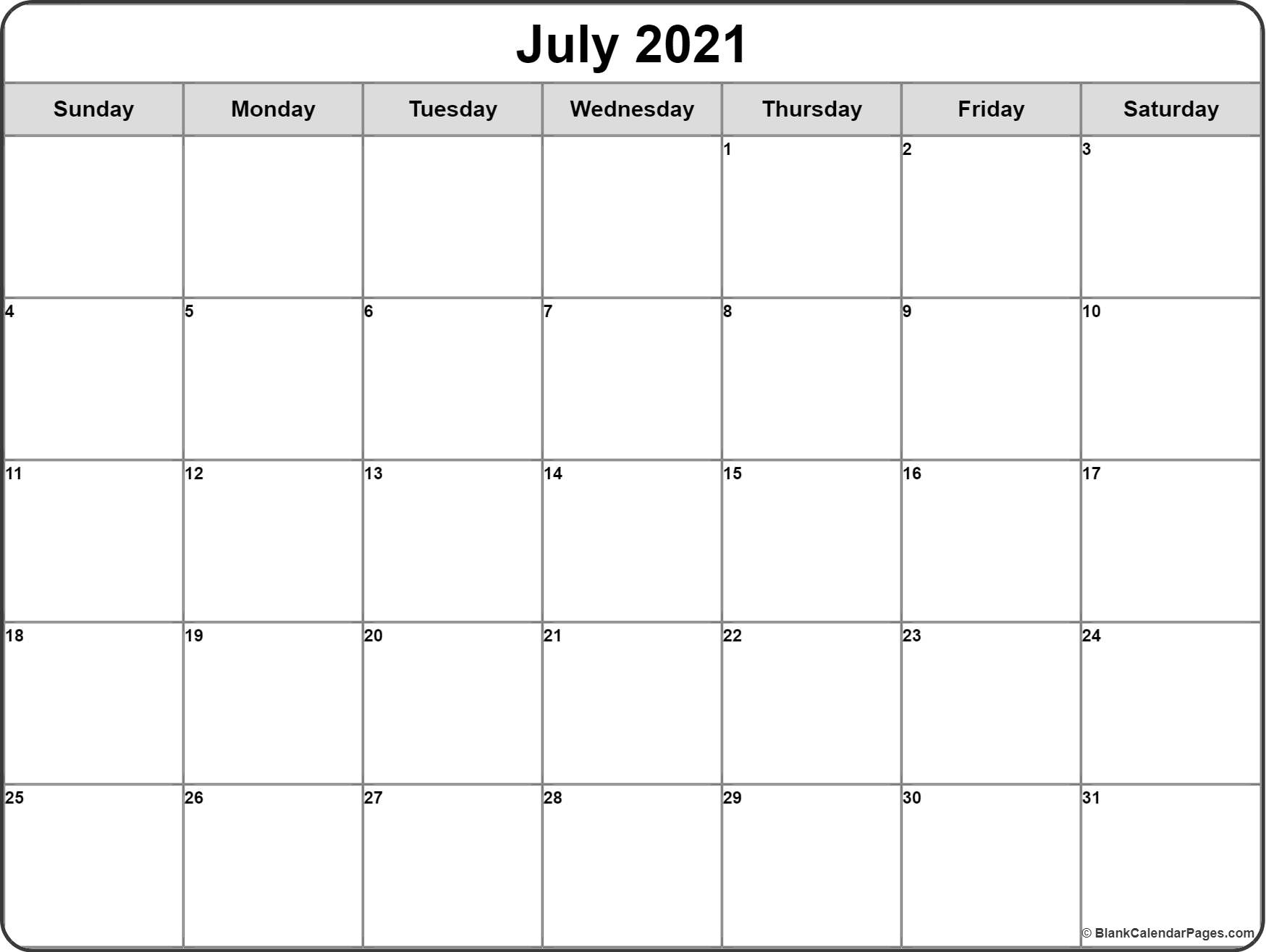July 2021 Calendar Printable Free
