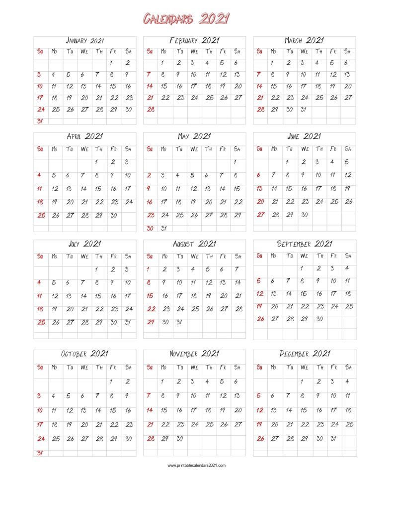 2021 Calendar Printable Pages