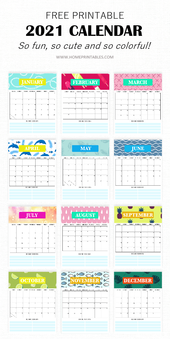 Free Cute Printable 2021 Monthly Calendar