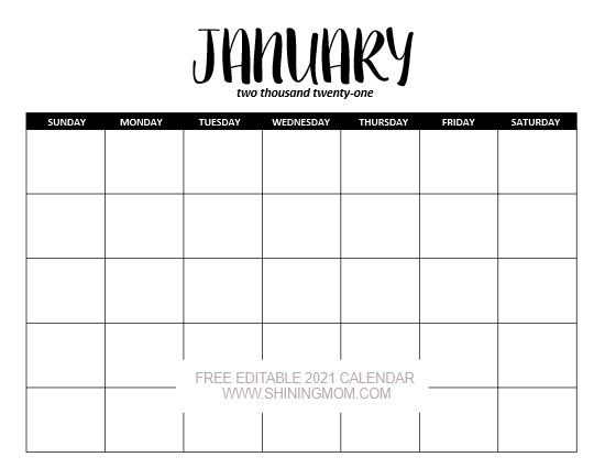 Free Printable Editable Calendar 2021