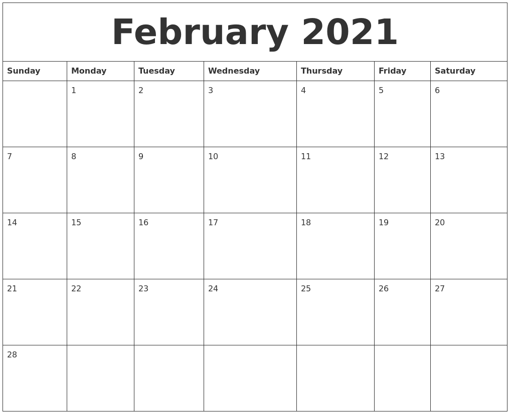 Feb 2021 Printable Calendar Pdf
