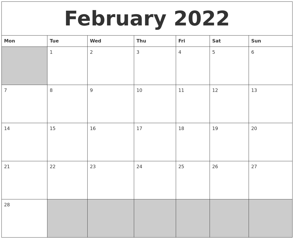 February 2022 Calendar Printable