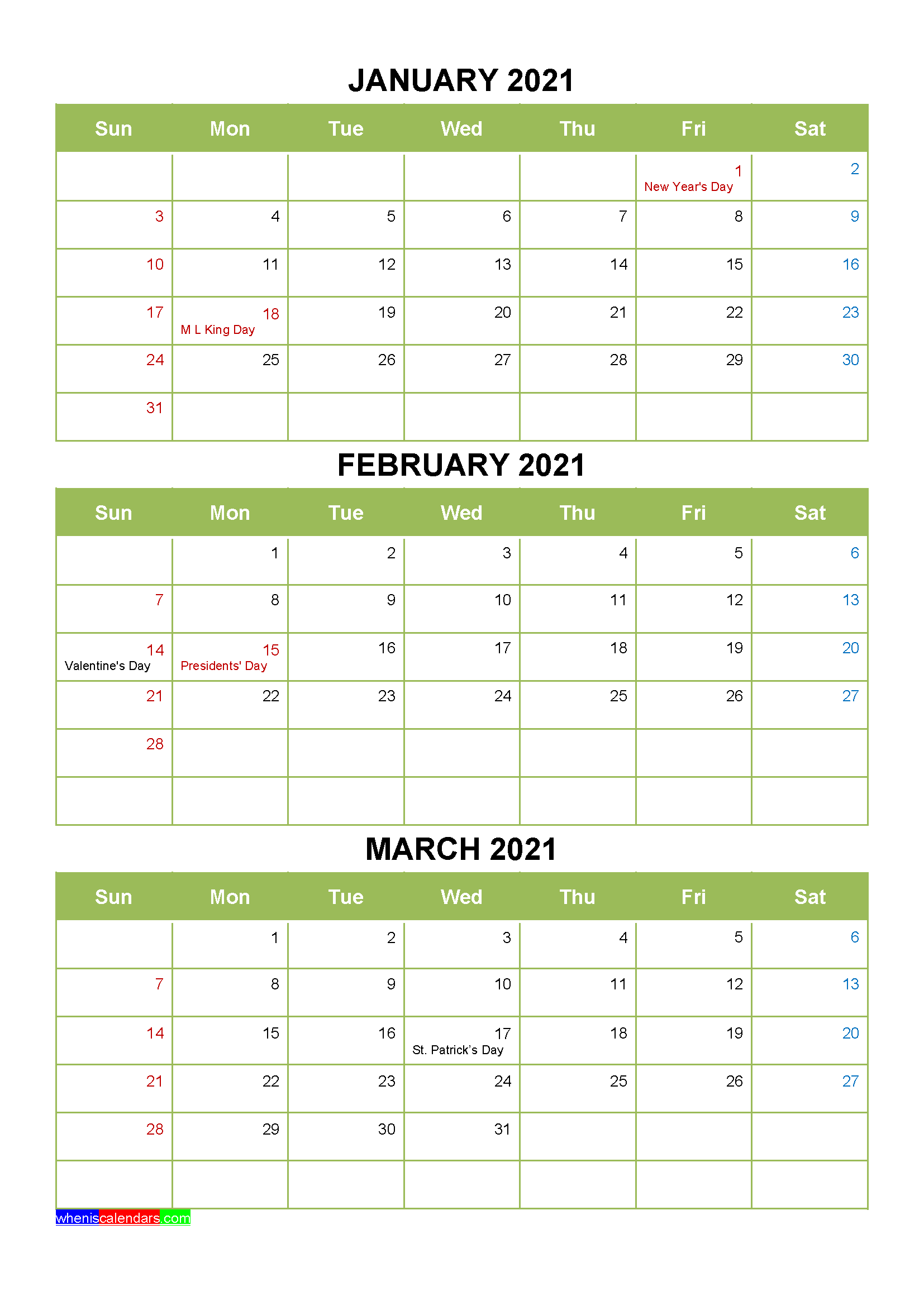 3 Month Printable Calendar 2021