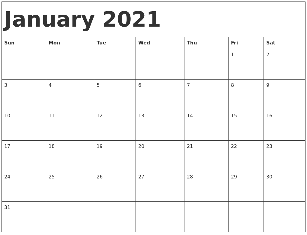 Free Printable Calendar Templates January 2021