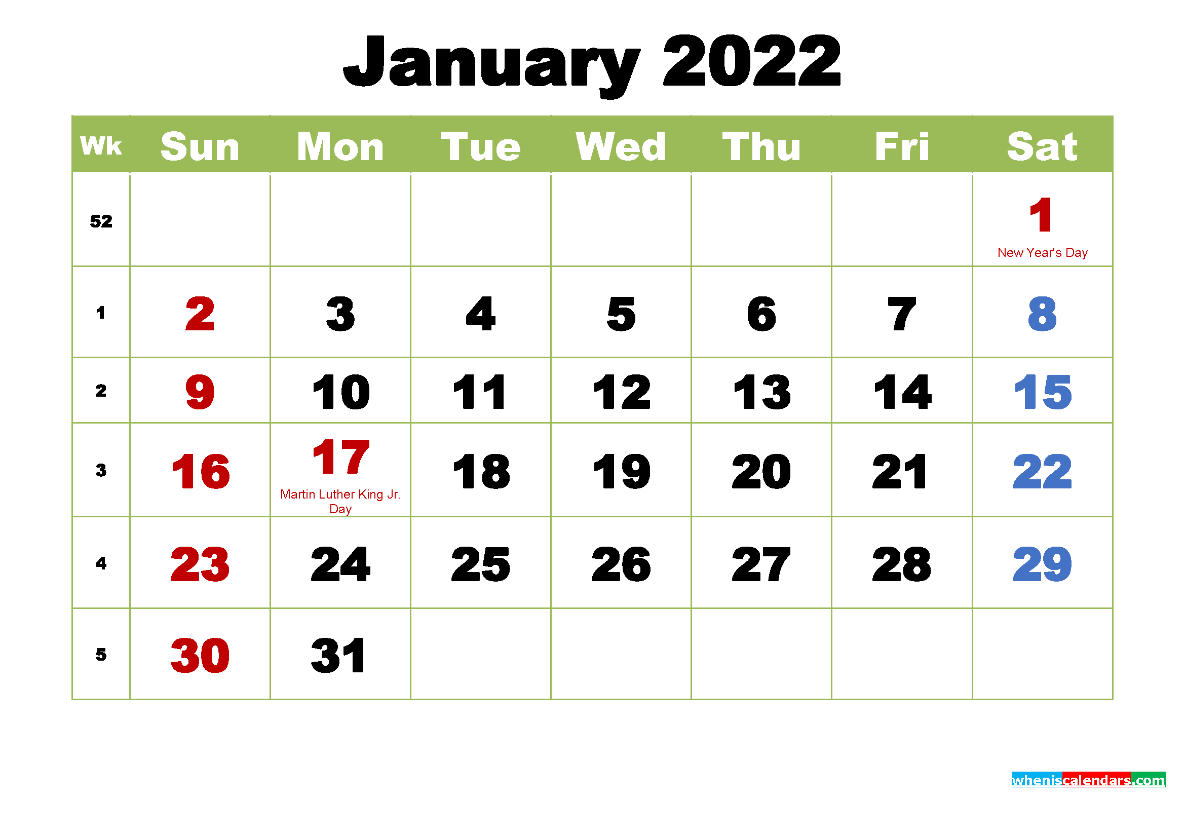 2022 Monthly Calendar Template Printable