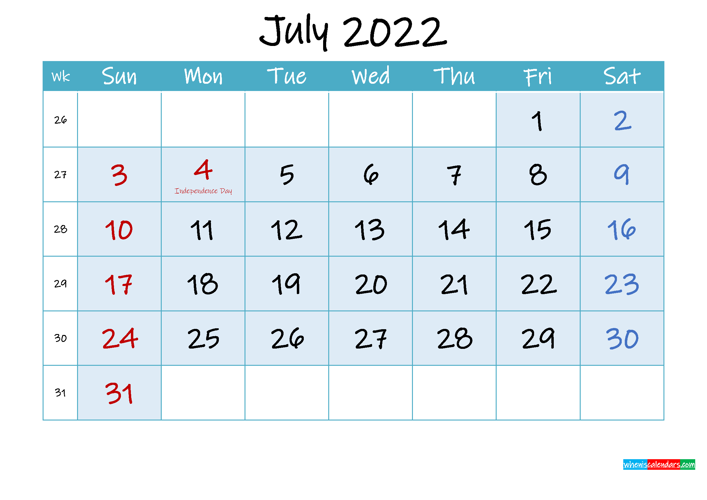 Free Printable July 2022 Calendar