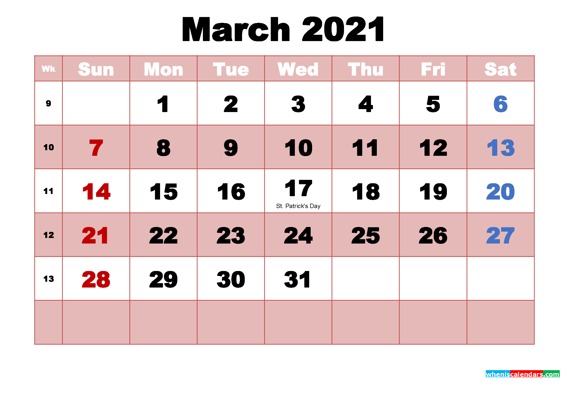 Printable Calendar For 2021 With Holidays