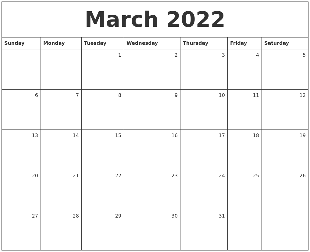2022 Free Printable Monthly Calendar