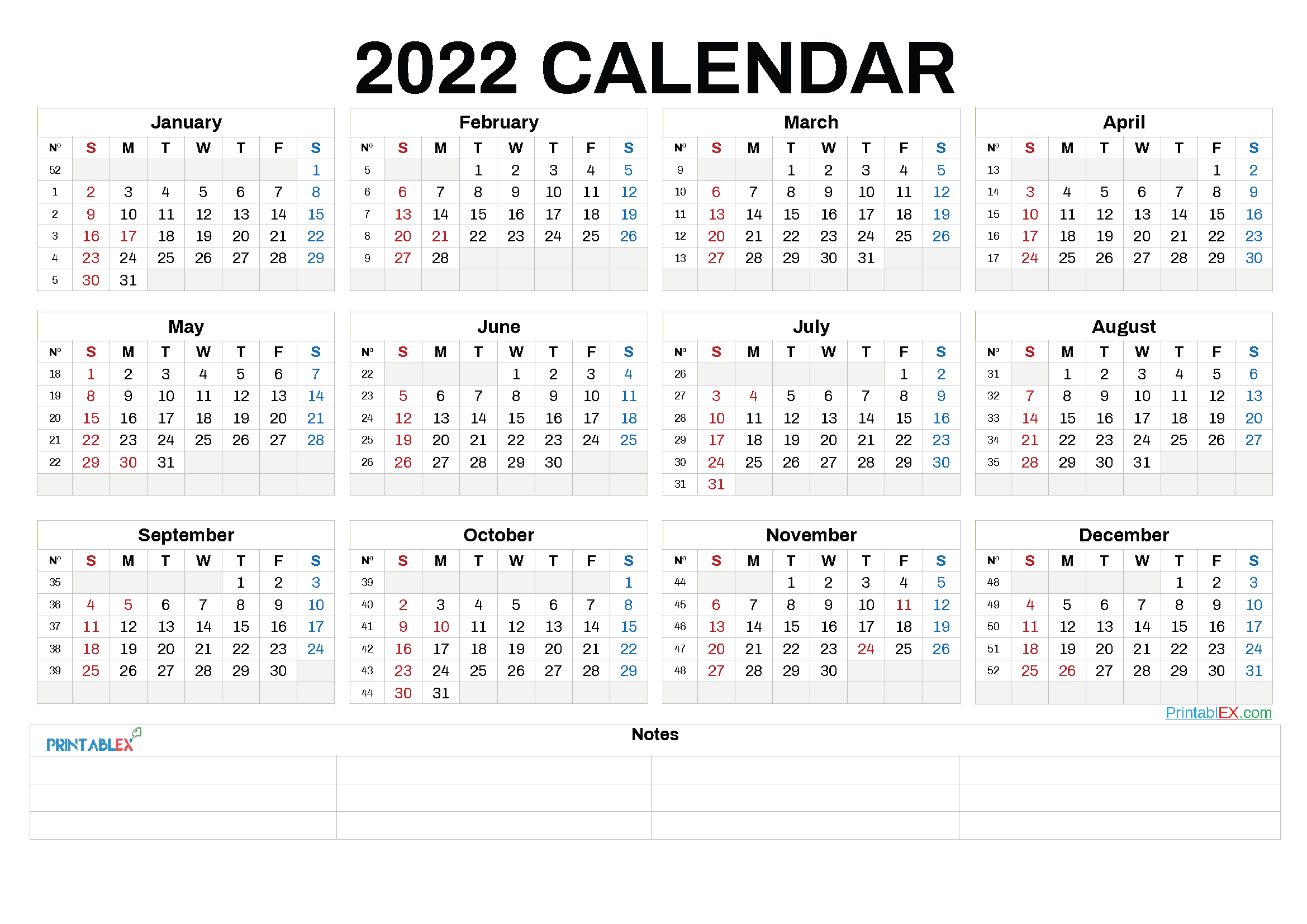 2022 Monthly Printable Calendars